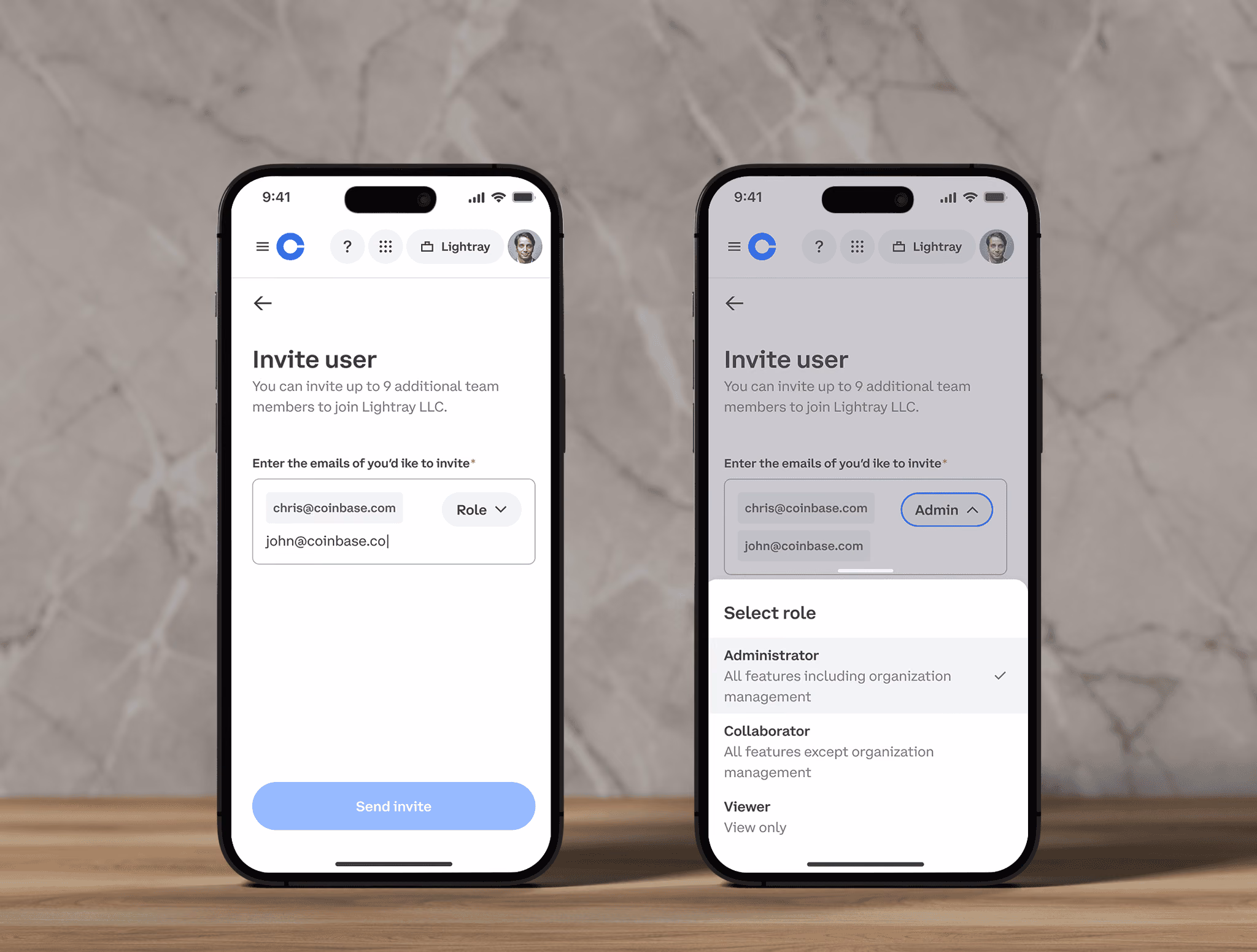 Mobile invite flow with email entry and role-selection dropdown