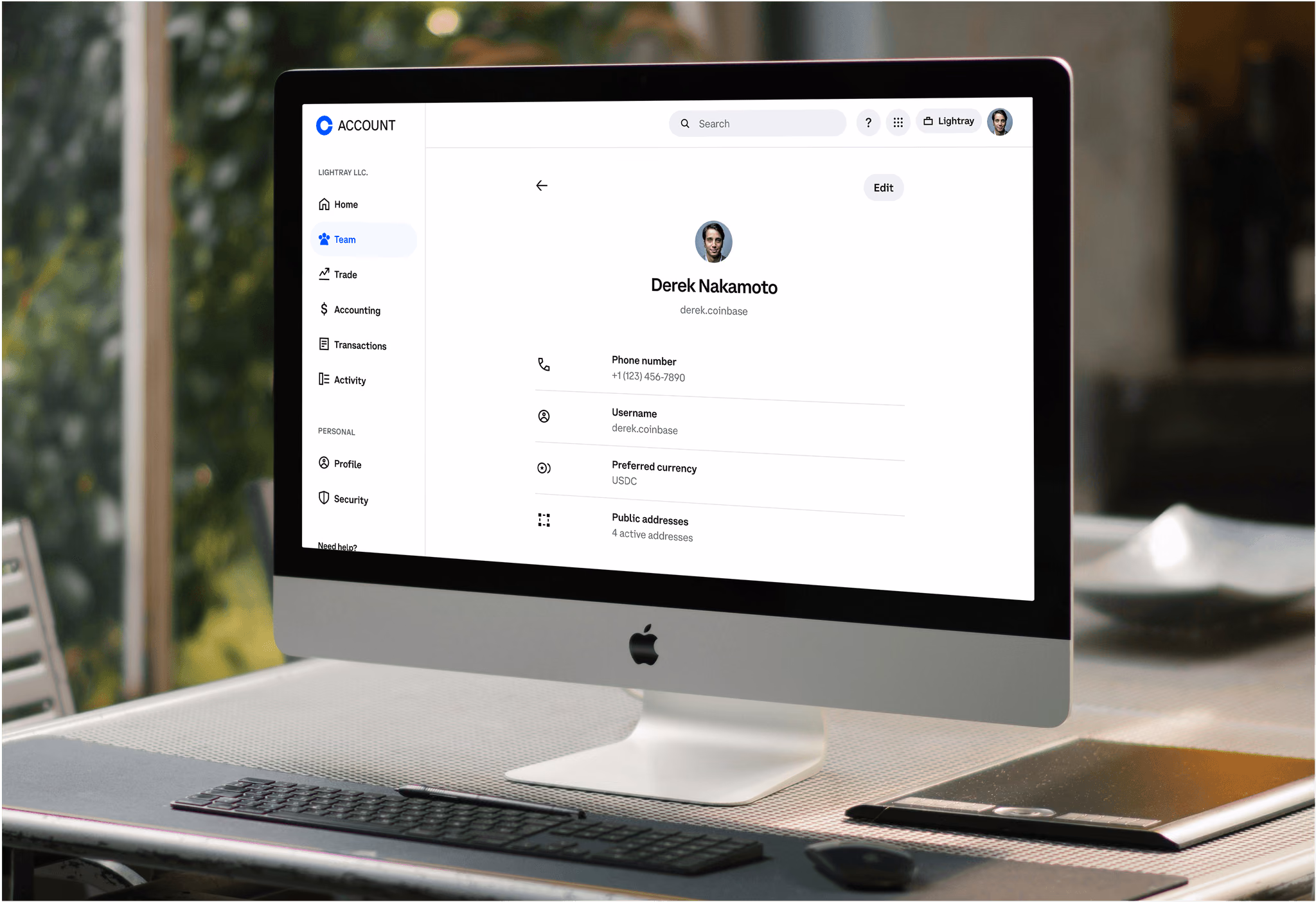 Team member profile page showing contact info and account details