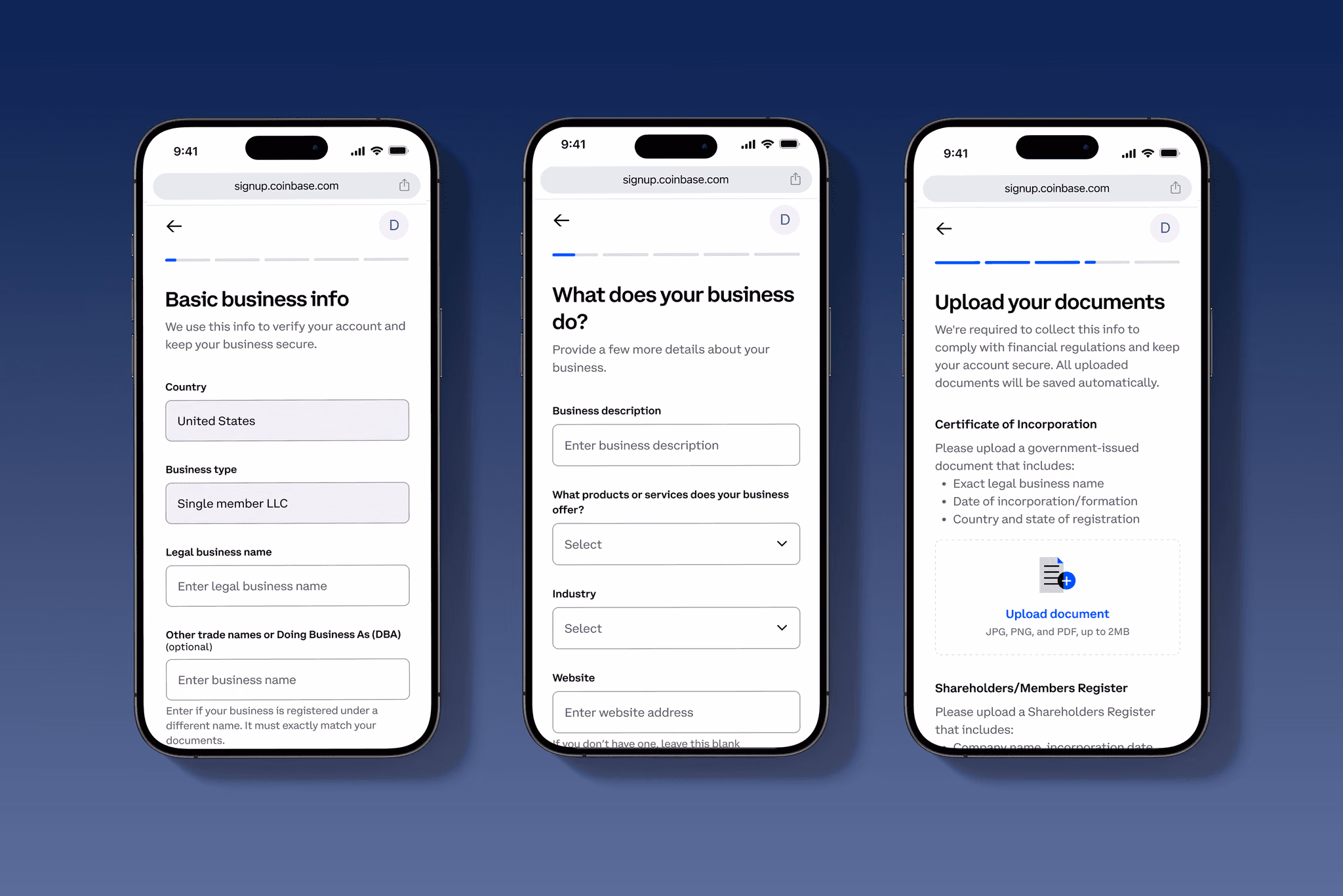 Three mobile onboarding screens: business info, business description, and document upload