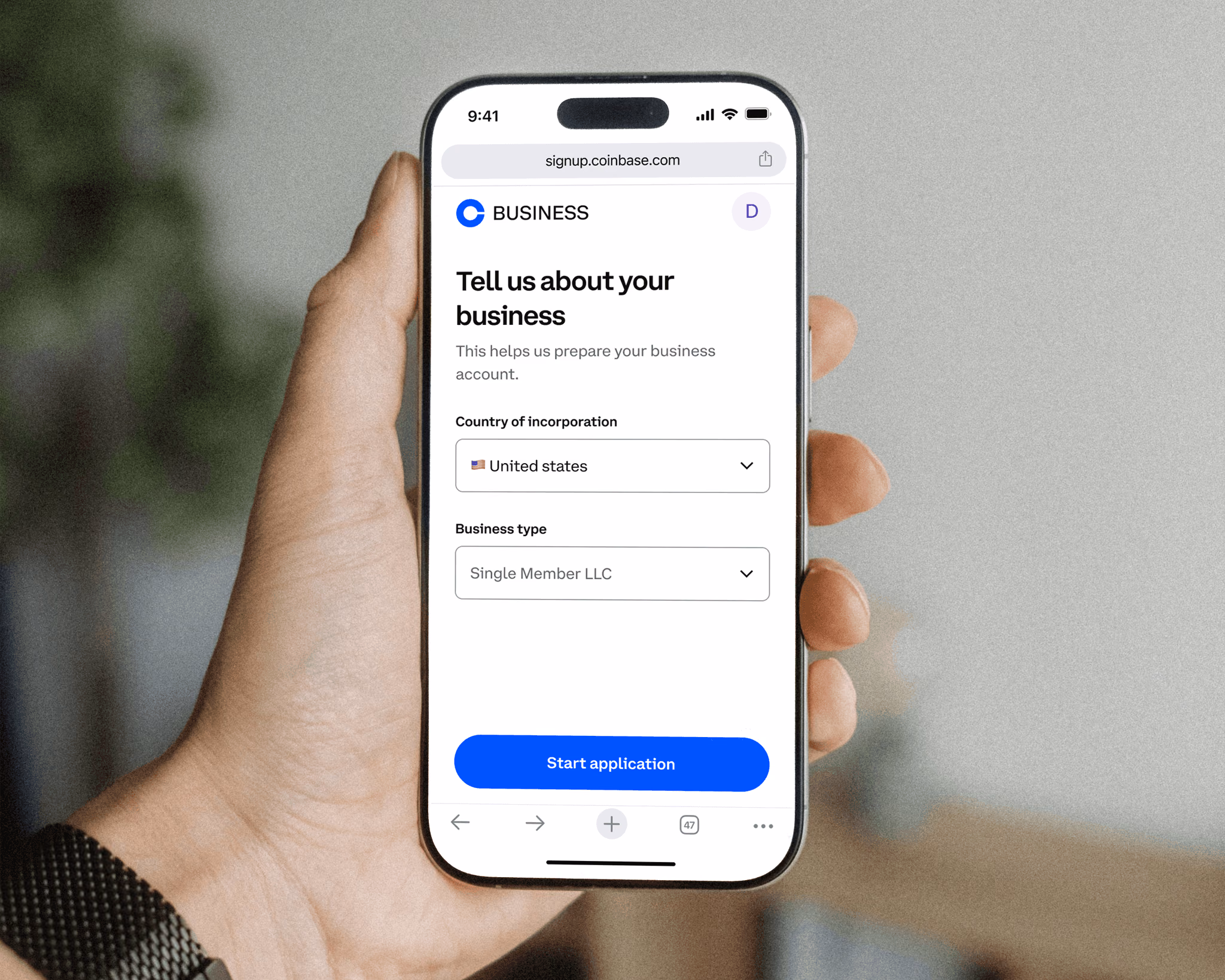 Mobile screen asking for country and business type during signup