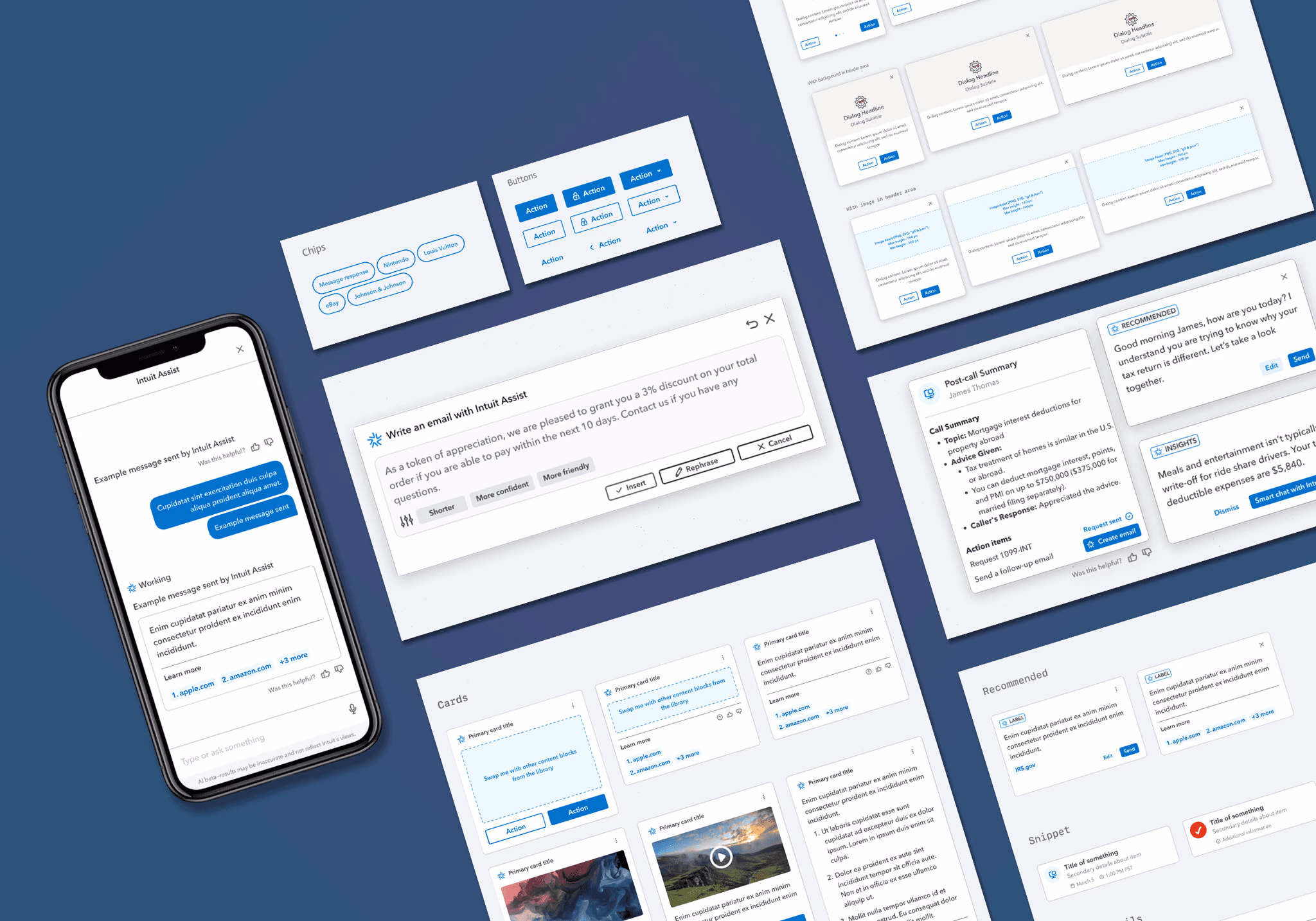 Intuit Assist component library: chat bubbles, buttons, cards, and a mobile AI chat screen