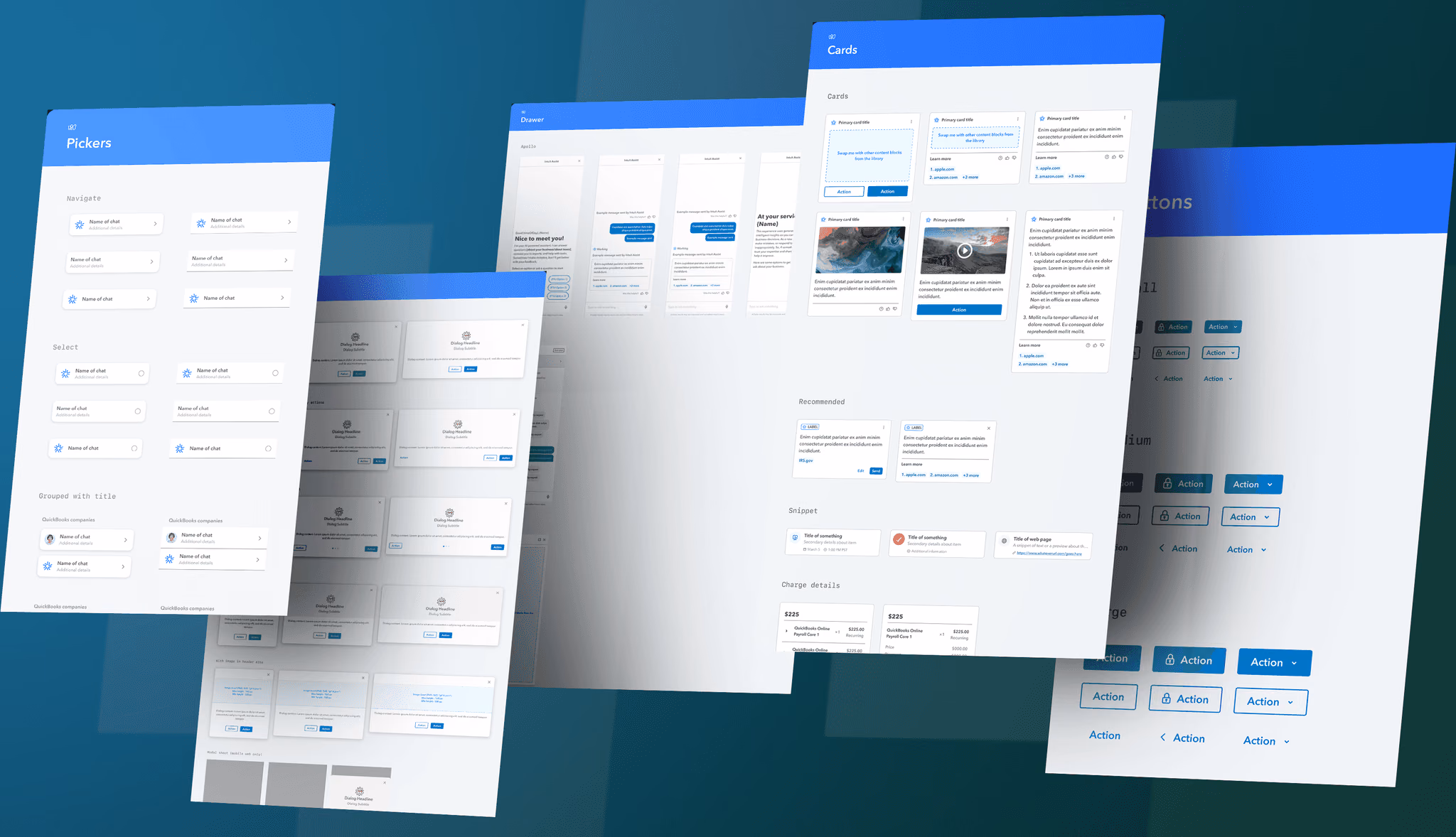 Layered design system panels showing pickers, tabs, and card components