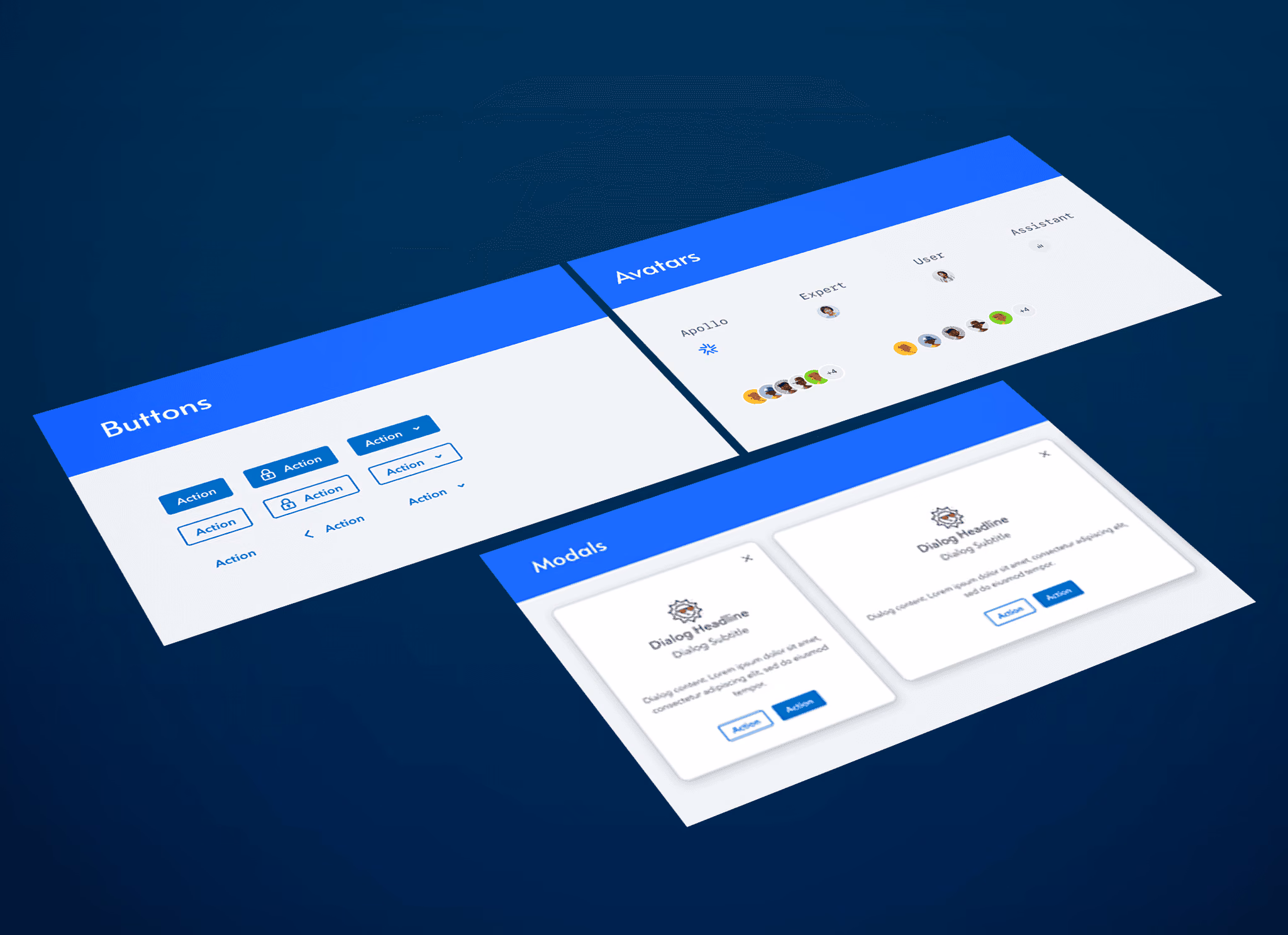 Design system pages documenting buttons, avatars, and modal dialogs