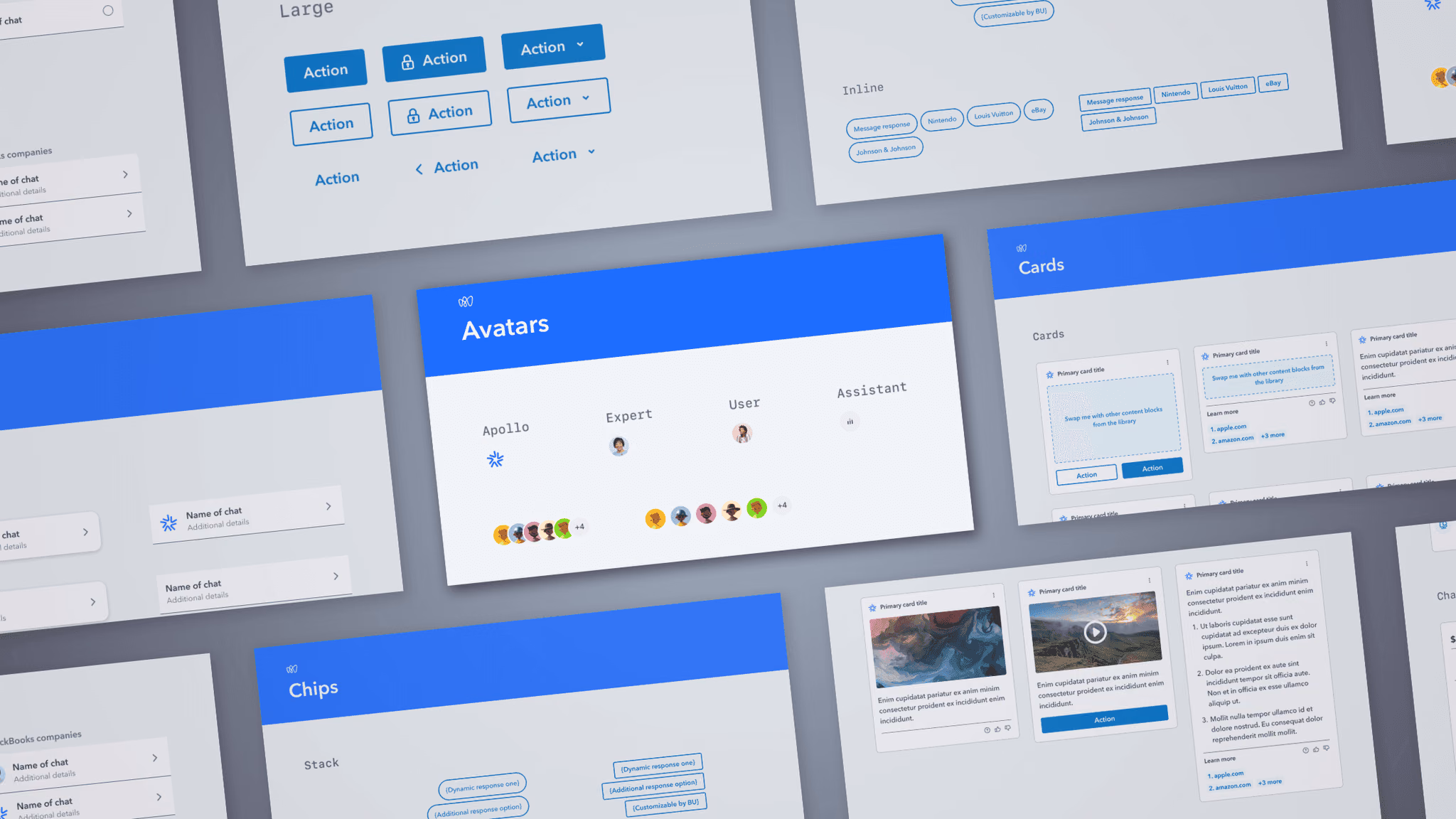 Design system pages documenting buttons, avatars, cards, and chips at various sizes